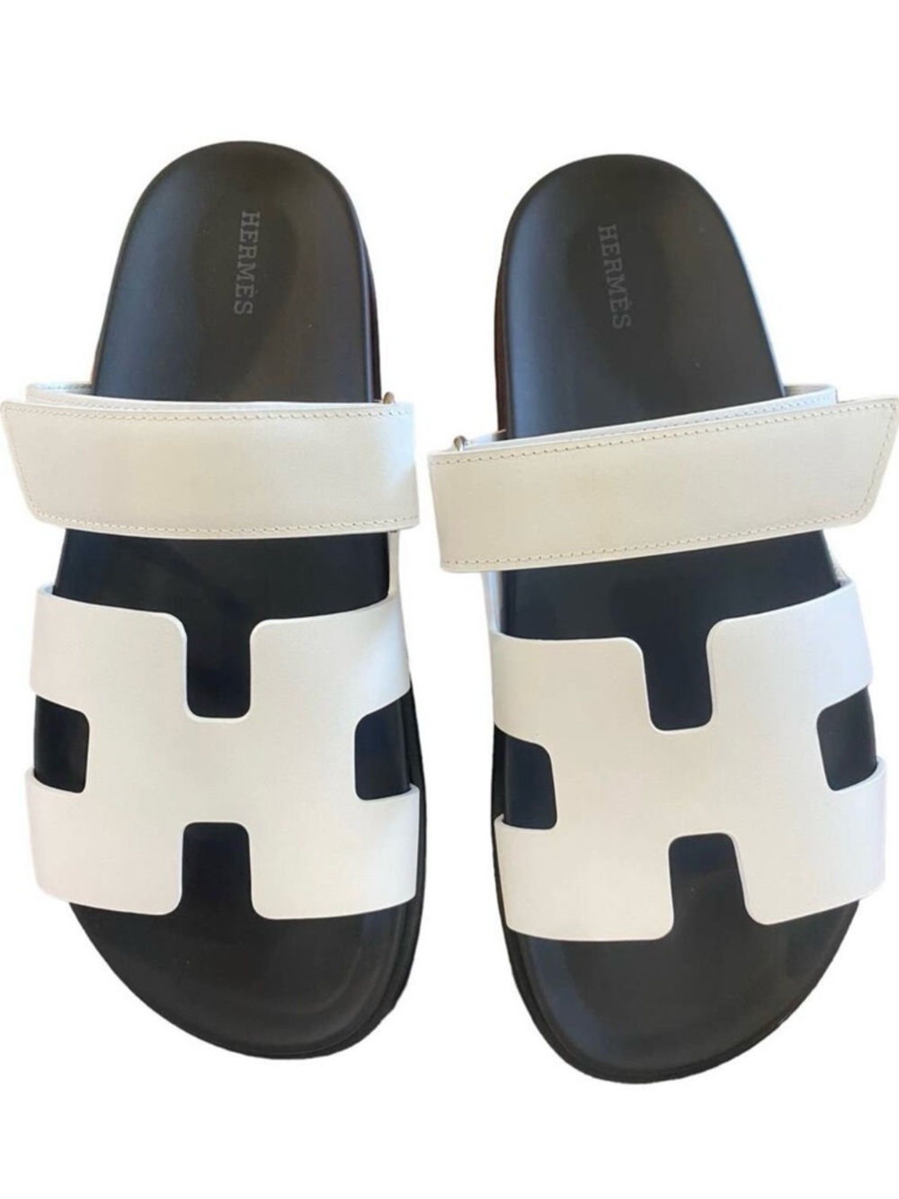 Hermes White and Black Oran-Style Leather Slide Sandals ( Worn Once)